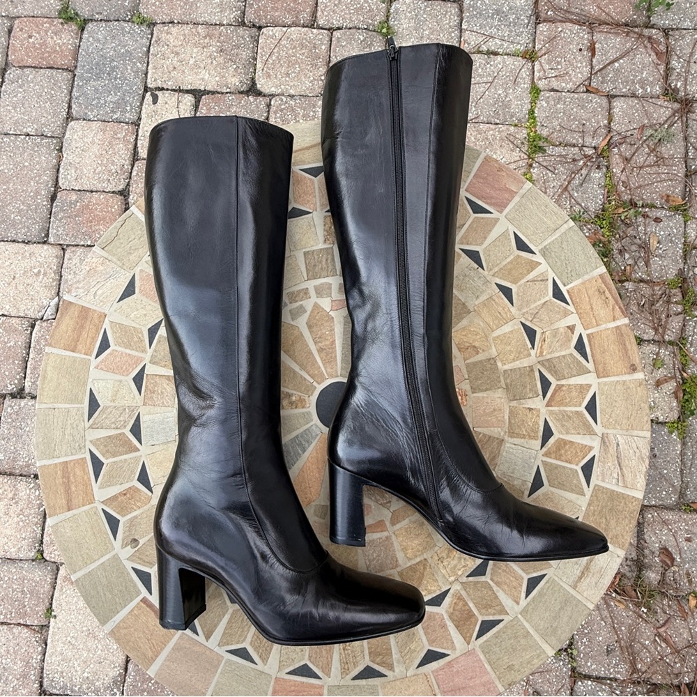 Bally Steviera Boots Black Leather Knee High Block Heel Made in Italy US 6 NWOB - Picture 1 of 13